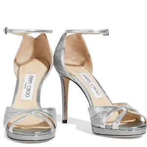 NWT JIMMY CHOO Size 11Us
Talia 100 metallic leather-trimmed glittered sandals.